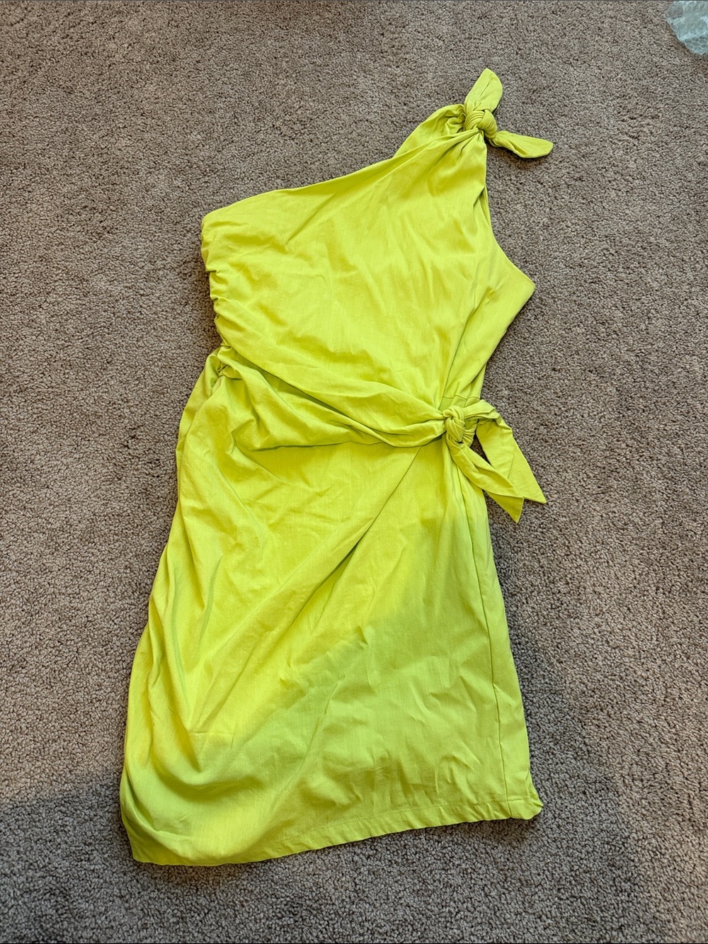 Zara - One-Shoulder Neon Yellow/Green Tie-Waist Dress - Size Large